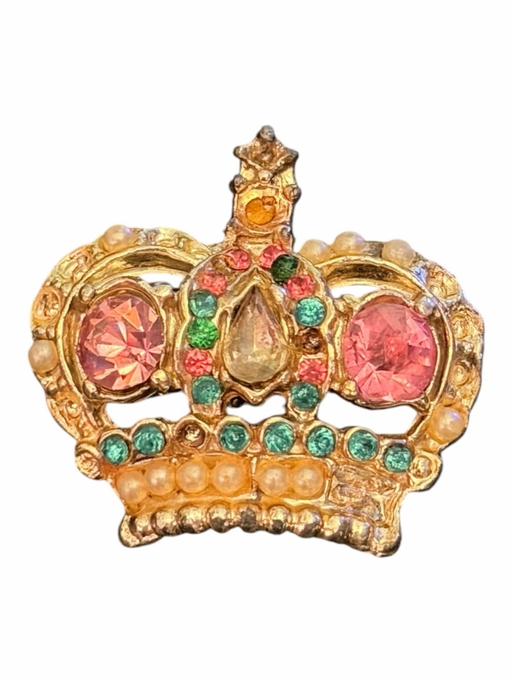 Vintage Rhinestone Crown Brooch Multicolor Jeweled Gold Tone Royal Pin